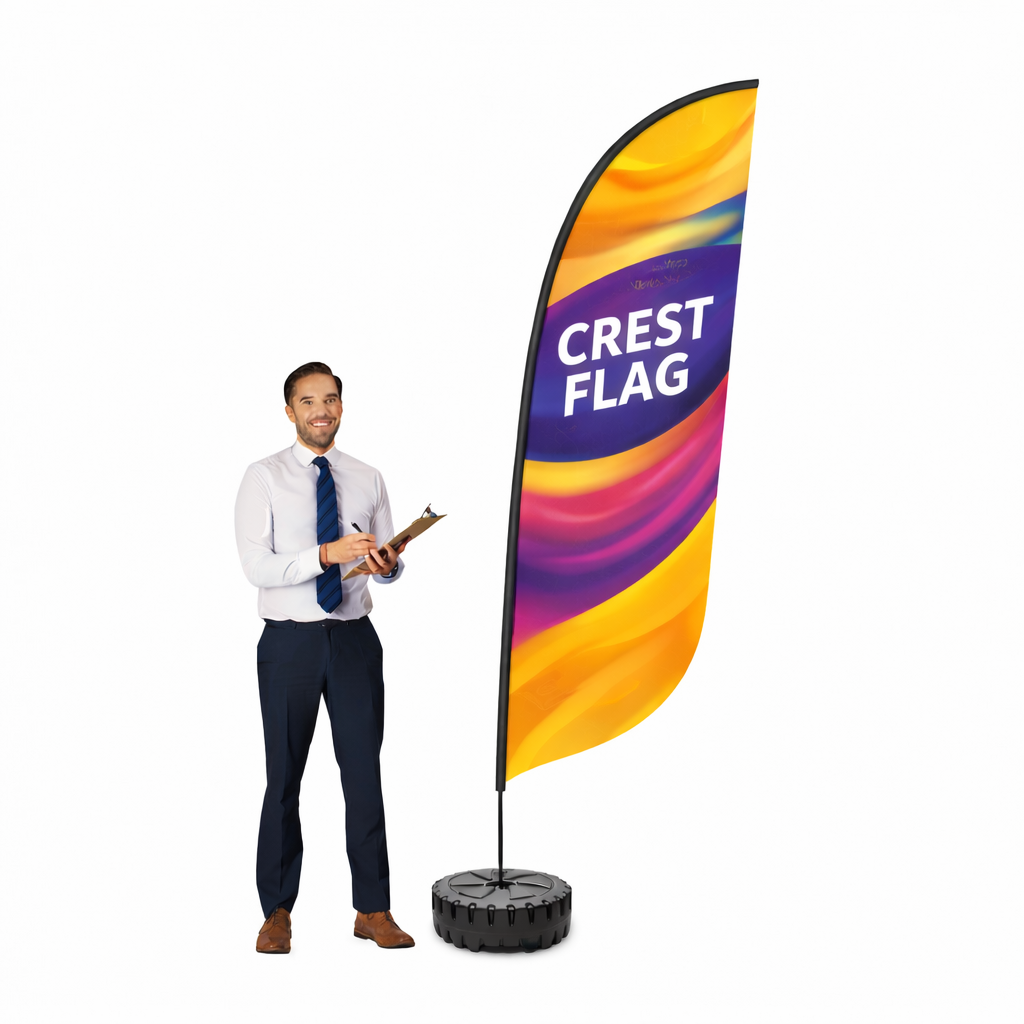Promotional crest flag banner on stand for exhibitions, retail displays, and outdoor marketing signage