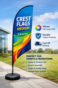 Medium crest advertising flag 3.4m tall with full colour print, durable polyester fabric and UK delivery for events, retail and outdoor promotions