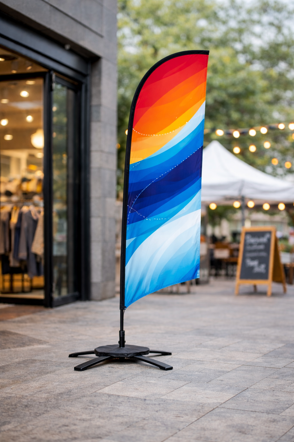 Medium feather flag with colourful abstract design on a portable base outside a retail storefront, ideal for outdoor advertising and events.