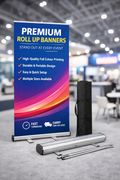 Premium roll up banner stand with full colour printed graphic, retractable aluminium base and carry case, ideal for UK trade shows, exhibitions, retail displays and events.