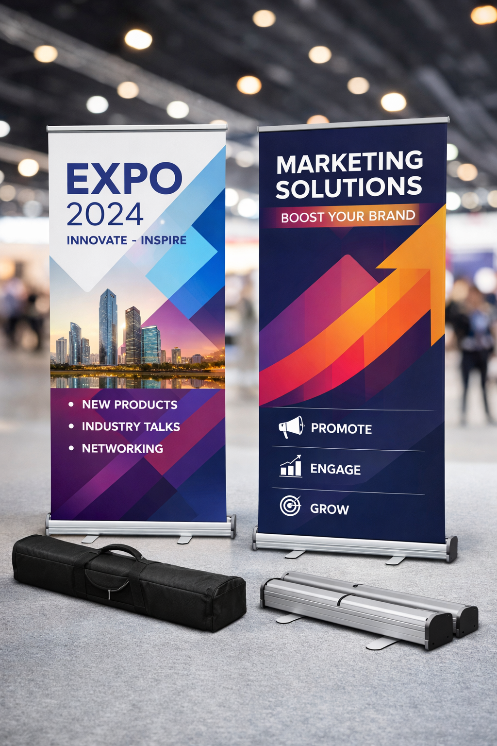 Two custom printed roll up banners with aluminium bases and carry case displayed at a trade show exhibition, portable roller banner stands for business marketing and events UK.