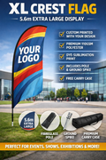 5.6m XL Crest advertising flag with curved bottom shape, custom printed design, fibreglass pole, ground spike and carry case displayed outdoors for events and exhibitions
