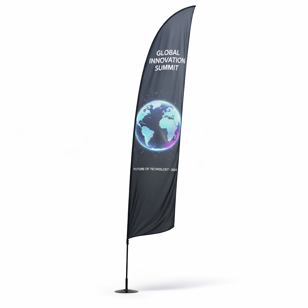 Extra-large custom feather flag displaying Global Innovation Summit design with illuminated world graphic on black fabric, shown on white background with pole and base for outdoor advertising.